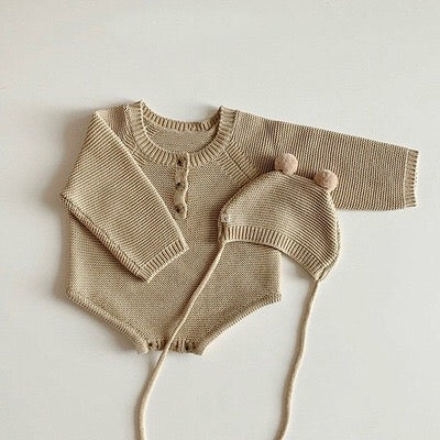 KNIT ROMPER WITH BEAR BEANIE SET [PREORDER]