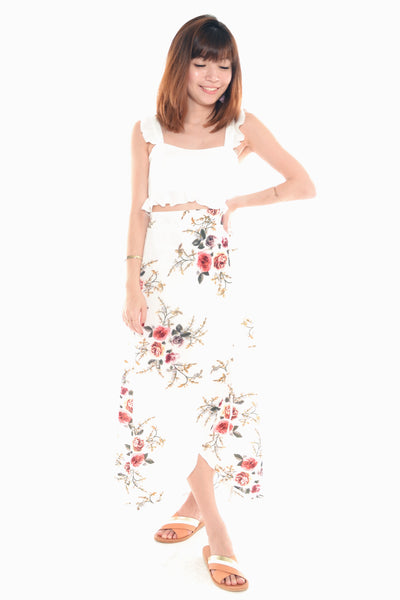 FLORAL MIDI WRAP SKIRT IN WHITE