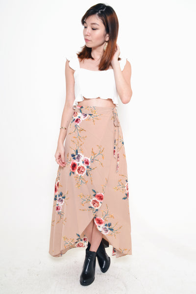 [BACKORDER] FLORAL MIDI WRAP SKIRT IN NUDE