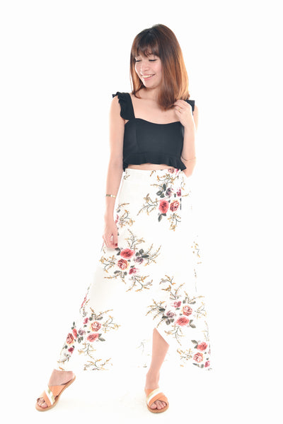 FLORAL MIDI WRAP SKIRT IN WHITE