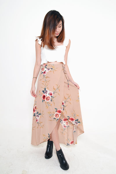 [BACKORDER] FLORAL MIDI WRAP SKIRT IN NUDE